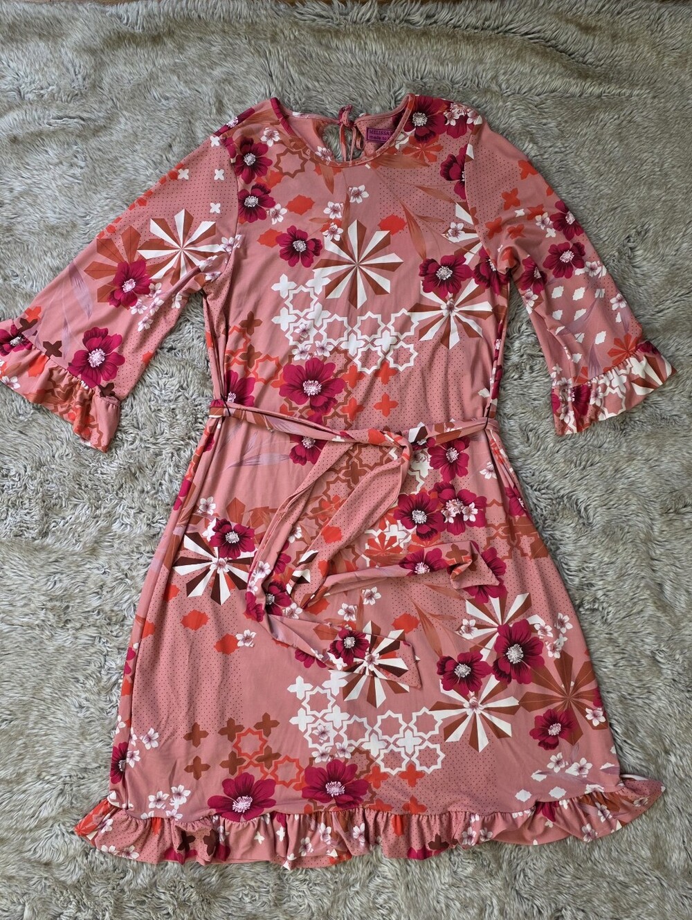 Melissa Masse Floral Pink Belted Ruffle Dress Women's Size XL